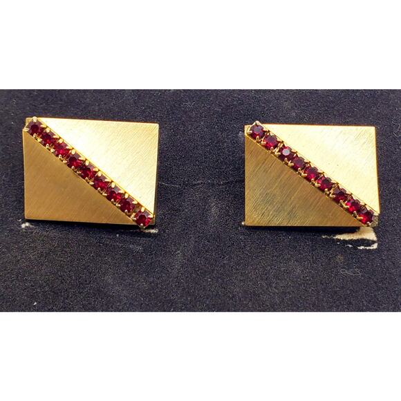 Sarah Coventry Gold Tone Cufflinks Geometric Red Glass Stones Matador 5861 - Picture 8 of 9